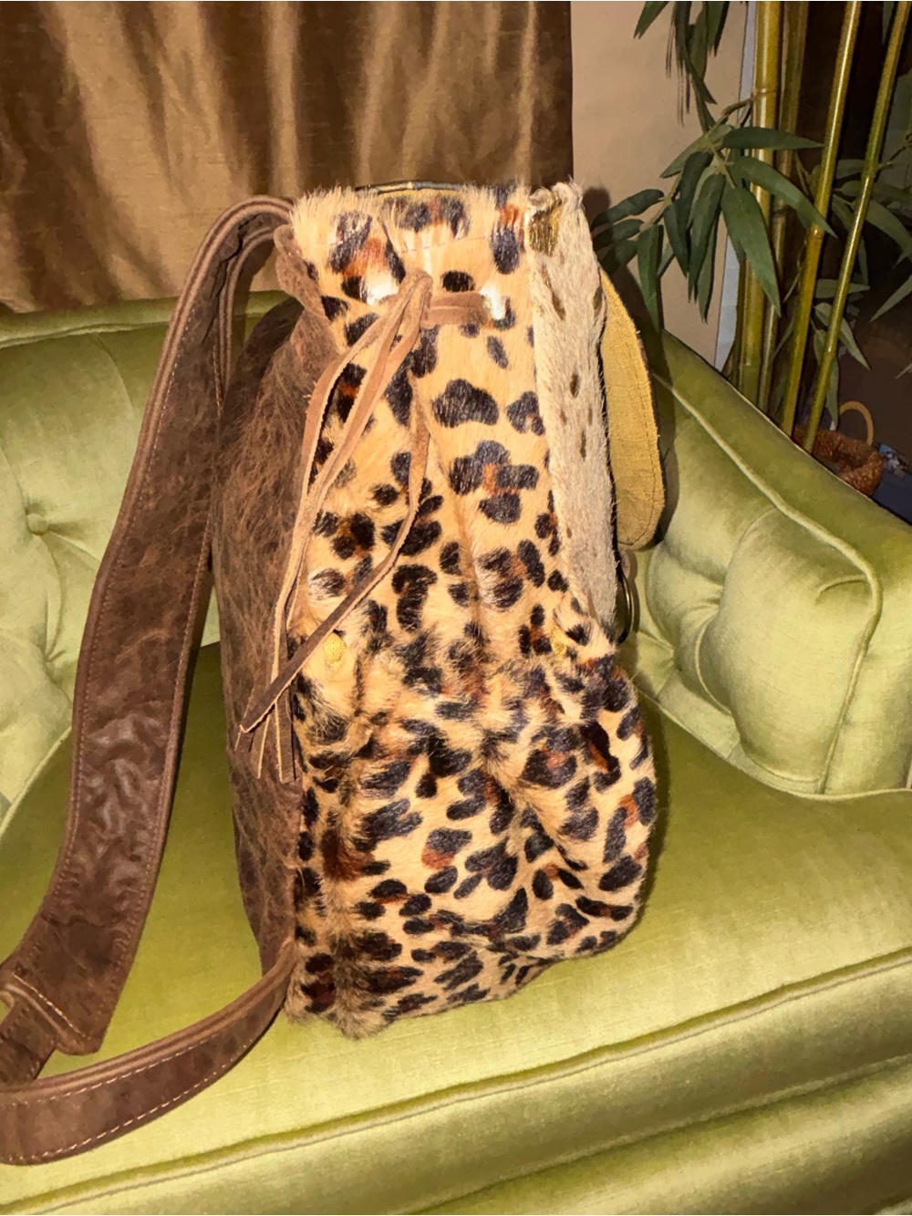 Metallic Cowhide / Leopard Fringe Bucket Handbag/ Backpack 18”X20” - Picture 7 of 14